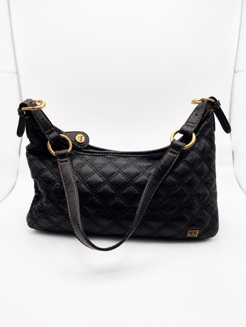 Vintage Y2K The Sak Black Quilted Leather Hobo Shoulder Bag Charm